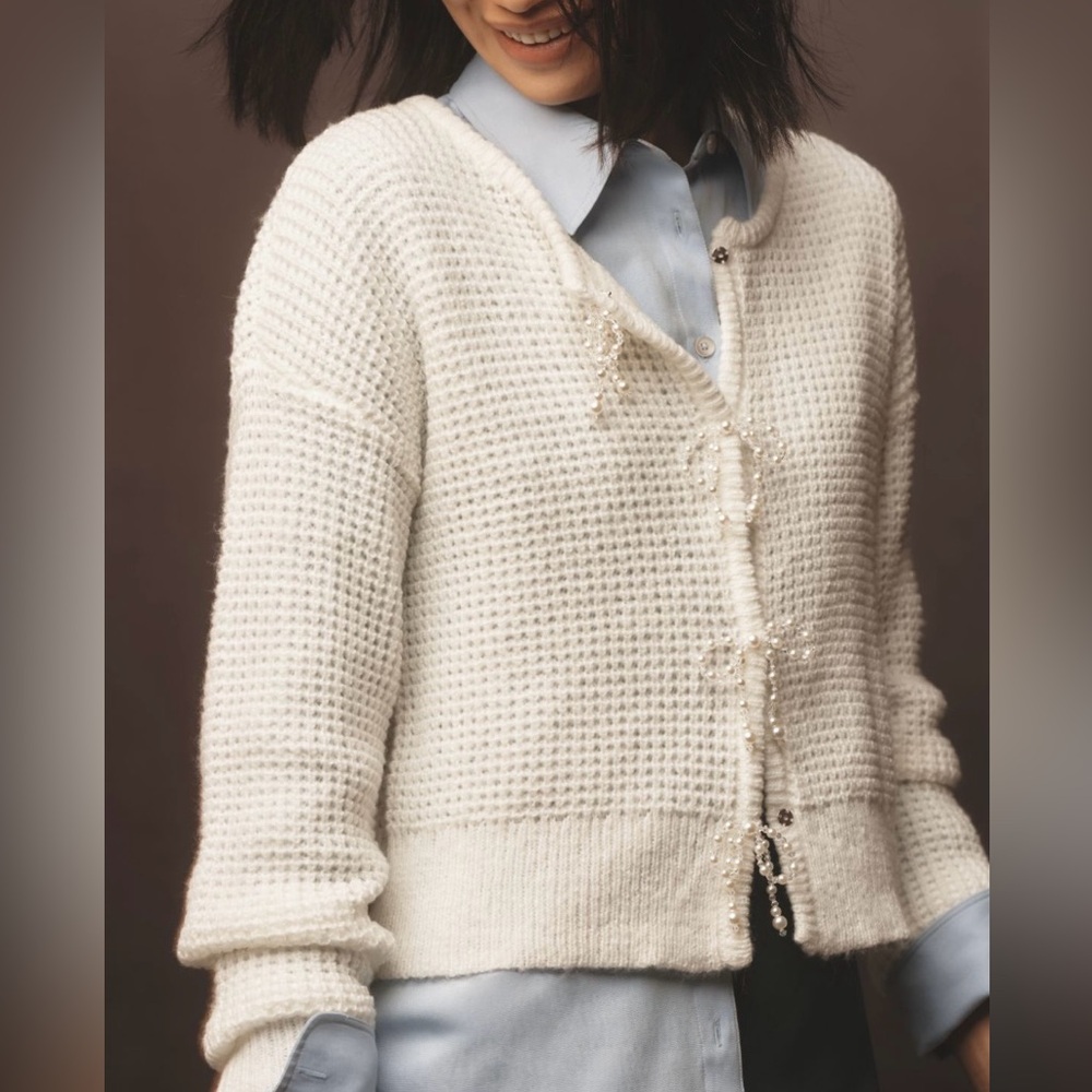 Anthropologie Maeve Textured Pearl Bow Cardigan Sweater Small